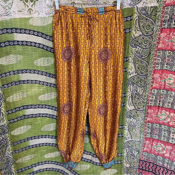 Unbranded Pants - Made in India Silk Yellow/ Brown Floral Boho Palazzo Harem Pants Size Medium